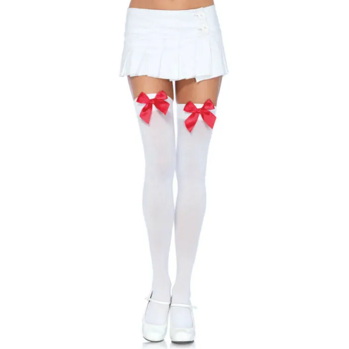 Bas Autofixants Nylon Cuisses Hautes Noeud Blanc/Rouge - Leg Avenue