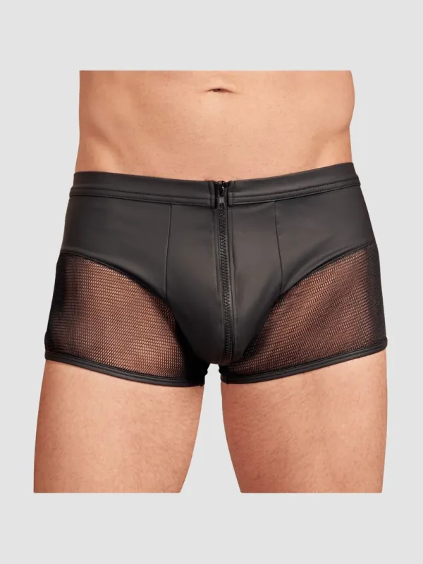 Boxer Effet Cuir Mat, Résille & Zip Noir
