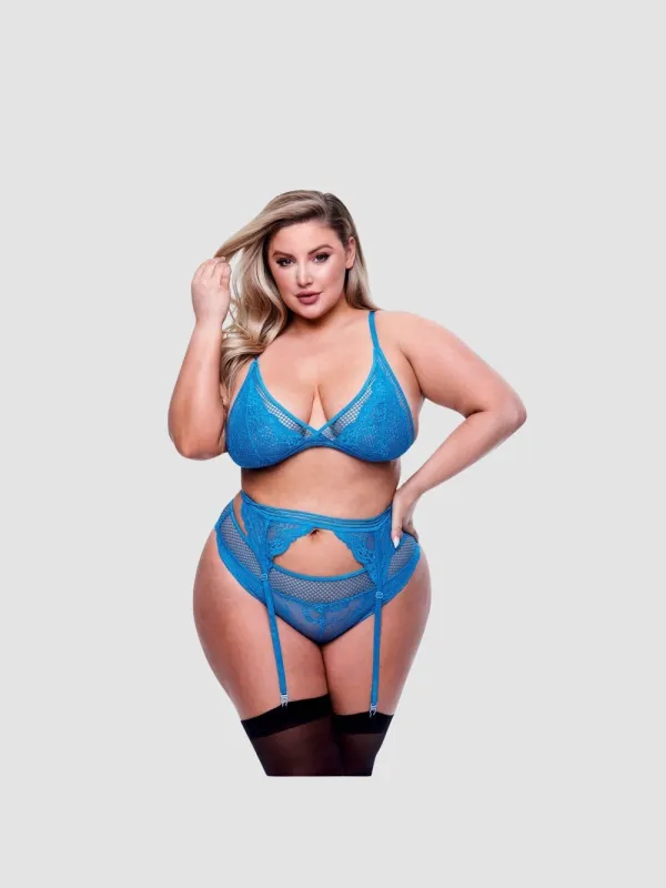 Ensemble 3 Pièces Résille & Dentelle Bleue GT