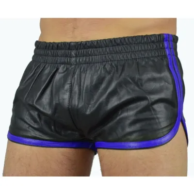 MenSexyWear Short Imitation cuir SPORTS LINE Noir-Bleu