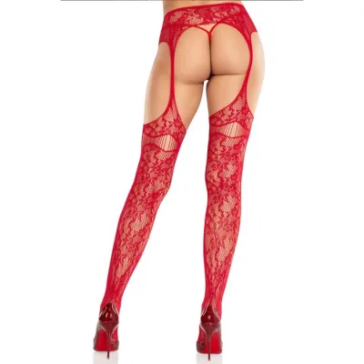 Bas Dentelle Résille Porte-Jarretelles Intégré Rouge - Leg Avenue