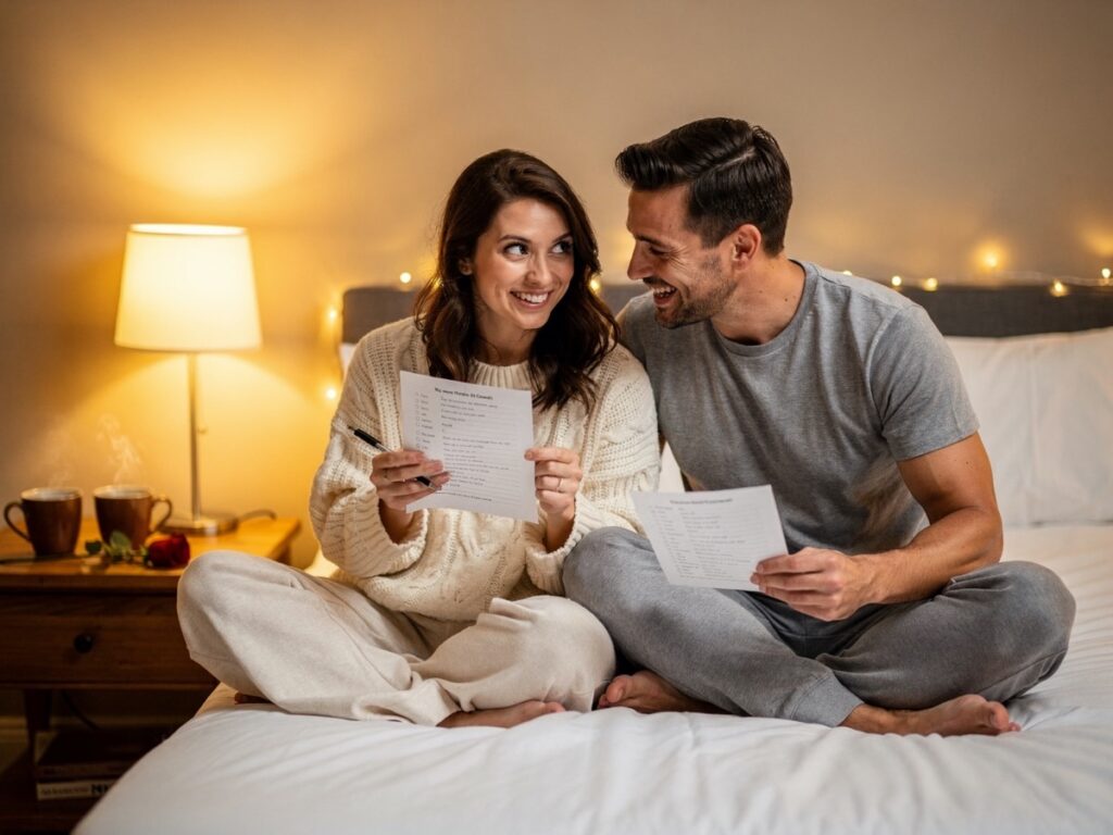 Couple complétant le Quiz Sexo’Love sur un lit