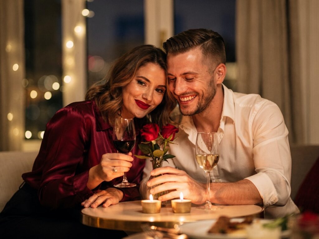 Couple en rendez-vous de Saint-Valentin à la maison, aux chandelles